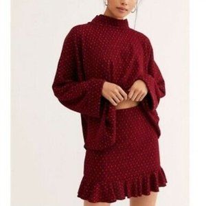 Free People Set the Mood‎ 2-Piece Knit Sweater Skirt Set Wine Red L